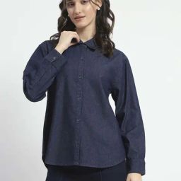 MADAME Blue Cotton Plain Shirt-image-57