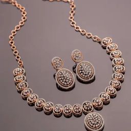 Voylla Rose Gold Sparkling Essentials Rosette American Diamond Necklace & Earring Set-picture-47