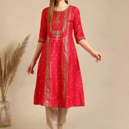 Aurelia Red Regular Fit Printed Kurtas-0