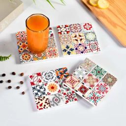 TAYHAA Multicolor Ceramic Stylish Square Coaster - Set of 4-7
