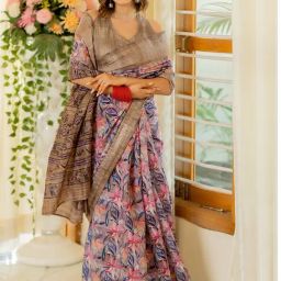 Mirchi Fashion Pink Cotton Blend Floral Saree With Unstitched Blouse-image-26