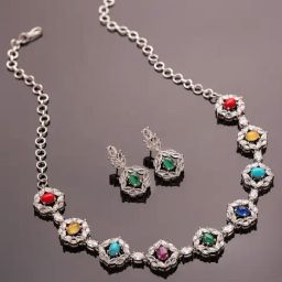Voylla Silver Sparkling Essentials Prismara Multicolor American Diamond Necklace & Earring Set-picture-19
