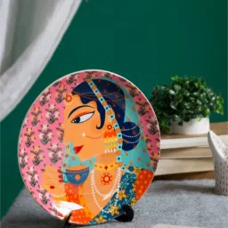 Chumbak Regally Romantic Rani Multicolor Bone China Wall Plate with Stand - Set of 1 image 1