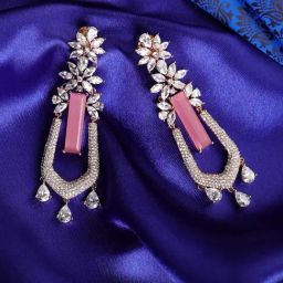 Priyaasi Pink Artificial Stone American Diamond Rose Gold-Plated Floral Dangler Earrings-image-53