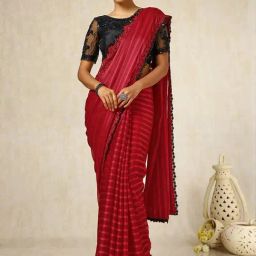 Soch Red Striped Saree With Unstitched Blouse-image-17