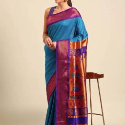 Varkala Silk Sarees Turquoise & Purple Woven Saree With Unstitched Blouse-image-40