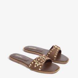 LUNA BLU by Westside Brown Stud-Detailed Buckled Slides-image-17