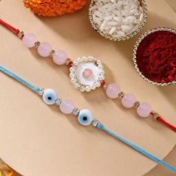 Karatcart Set of 2 Pink Beads Evil Eye Handmade Kundan Rakhi for Brother with Roli & Chawal-45