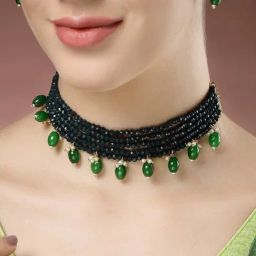 NVR Women's Kundan & Green Artificial Beads Layered Necklace with Drop Earrings-7