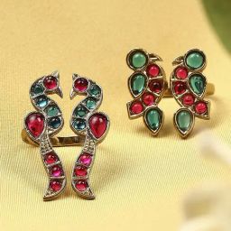 OOMPH Maroon & Green Jadau Bird Design Moti Manik Finger Ring Pack of 2-30