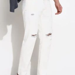 SHOWOFF White Slim Fit Solid Distressed Jeans-image-36