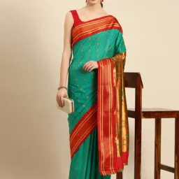 Varkala Silk Sarees Green & Red Woven Saree With Unstitched Blouse-image-97