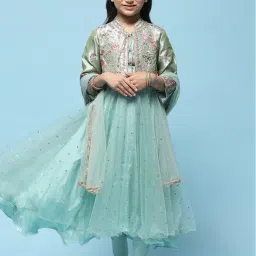 BIBA Girls Sage Green Embroidered Kurta, Churidar, Dupatta with Jacket-image-8