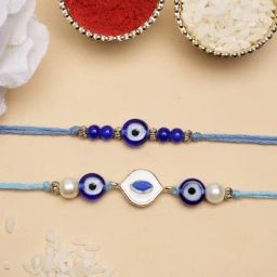 Karatcart Set of 2 Blue Evil Eye Handmade Meenakari Kundan Rakhi for Brother with Roli & Chawal-13