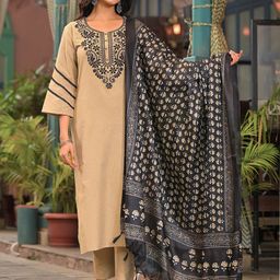 The Hope Women Ethnic Motifs Embroidered Regular Thread Work Pure Cotton Kurta with Trousers & With Dupatta-image-96