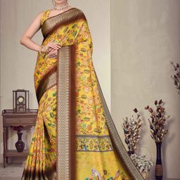 VELVINE Floral Digital Printed Woven Design Zari Saree-image-82