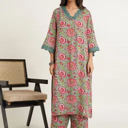 GOODHAND Floral Printed Pure Cotton V-Neck A-Line Kurta With Palazzos-image-24