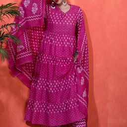 Sangria Floral Printed Pure Cotton A-Line Kurta & Trousers Sets-picture-42