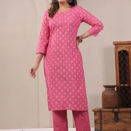 Span Women Pink Ethnic Motifs Printed Regular Pure Cotton Kurta with Trousers-image-77