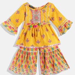 READIPRINT Three Fourth Bell Sleeves Flower Motif Printed Peplum Style Kurta With Coordinating Gota Lace Embellished Sharara - Orange-picture-2