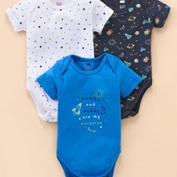 Simply Cotton Interlock Half Sleeves Onesie Star Print Pack of 3 - White & Navy Blue-image-85