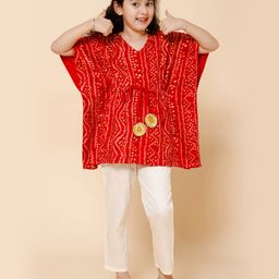 Piccolo Half Batwing Sleeves Seamless Bandhej Designed Kaftan Kurta With Pant - Red & Cream-image-70