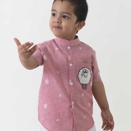 Tiber Taber Half Sleeves Striped & Sheep Embroidered Shirt - Pink-image-90