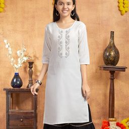 Aarika Three Fourth Sleeves Stone Design Embellished Straight Cut Kurta - White-image-50
