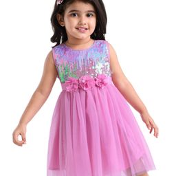 Babyhug Sleeveless Fit & Flared Party Frock with Sequin Detailing Floral Applique - Pink-image-53