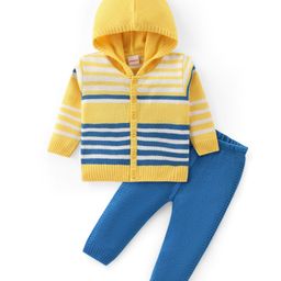 Babyhug Knitted Full Sleeves Hooded Front Open Sweater Set With Stripes Design - Yellow & Blue-2