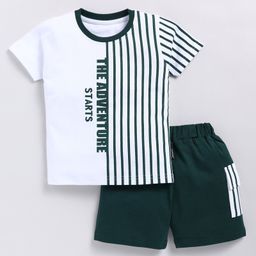 CUTOPIES Cotton Half Sleeves Stripped Tee & Shorts Set - Green-image-4