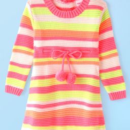 Babyhug Knit Full Sleeves Striped Woolen Dress - Pink-image-91