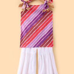 Teentaare Cotton Woven Singlet Sleeves Kurta & Gharara Set with Leheriya  Print - Peach-image-66
