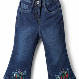 Kookie Kids  Cotton Lycra Bell Bottom Denim Jeans With Floral Embroidery Detailing - Dark Blue-image-75
