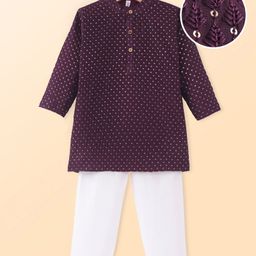 Babyhug Woven Full Sleeves Kurta Pyjama Set With Sequin Embroidery - Wine-image-94