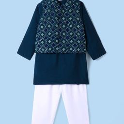 Babyhug Woven Full Sleeves Solid Colour Kurta & Pyjama Set with EmbroideredJacket - DarkGreen-image-67