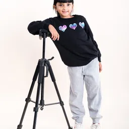 Kiddopanti Fleece Full Sleeves Hearts Sequin Embellished Sweatshirt With Track Pant - Black & Grey Melange-picture-5