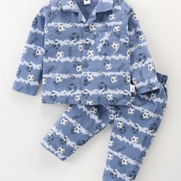 Teddy Sinker Knit Full Sleeves Front Open Night Suit With Footballs Print - Blue-image-16