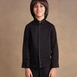 One Friday Full Sleeves Front White Pipping Detailed Solid Shirt - Black-image-1