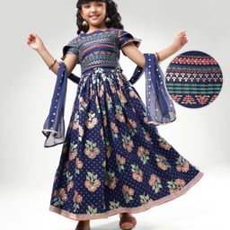EARTHY TOUCH Single Jersey Knit Cap Sleeves Choli Lehenga Set With Floral Foil Print & Dupatta - Navy Blue-image-41