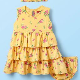 Babyhug Single Jersey Knit Floral Printed Frock With Bloomer & Headband - Yellow-image-53
