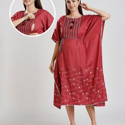 Dummy Shape Half Batwing Sleeves Abstract Embroidered & Lace Embellished Maternity Kaftan Kurta With Nursing Access - Dark Pink-picture-11