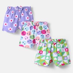Babyhug Cotton Knit Mid Thigh Length Shorts with Floral & Smiley Print & Bow Applique Pack of 3 - White Green & Lavender-image-28