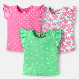 Babyhug Cotton Knit Frill Sleeves T-Shirts with Polka Dots & Floral Print Pack of 3 - Light Green & Pink-image-92