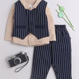 BUMZEE Cotton Woven Full Sleeves Striped 3 Piece Party Suit with Bow - Navy Blue & Beige-picture-8