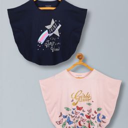 Plum Tree Viscose Pack Of 2 Half Batwing Sleeves Shine Like Star Of The Show Text & Butterfly Glitter Printed Poncho Tops - Navy Blue & Pink-image-88