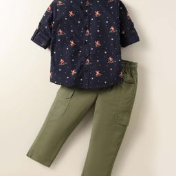 Rikidoos Cotton Full Sleeves Snowflakes Printed Shirt With Pant - Navy Blue & Olive Green-image-76