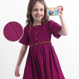 Hola Bonita Woven Half Sleeves Textured Solid Frock With Belt - Burgandy-image-92