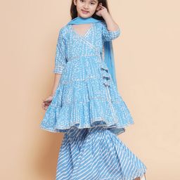 Bitiya By Bhama Cotton Woven Three Fourth Sleeves Bandhani Printed Gota Lace Embellished Anarkali Style Kurta & Sharara With Dupatta Set - Blue-image-89