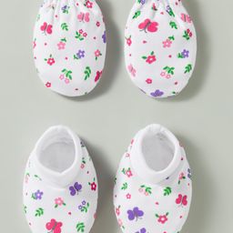 Babyhug 100% Knit Cotton Mittens & Booties Set With Floral Print - White-picture-5